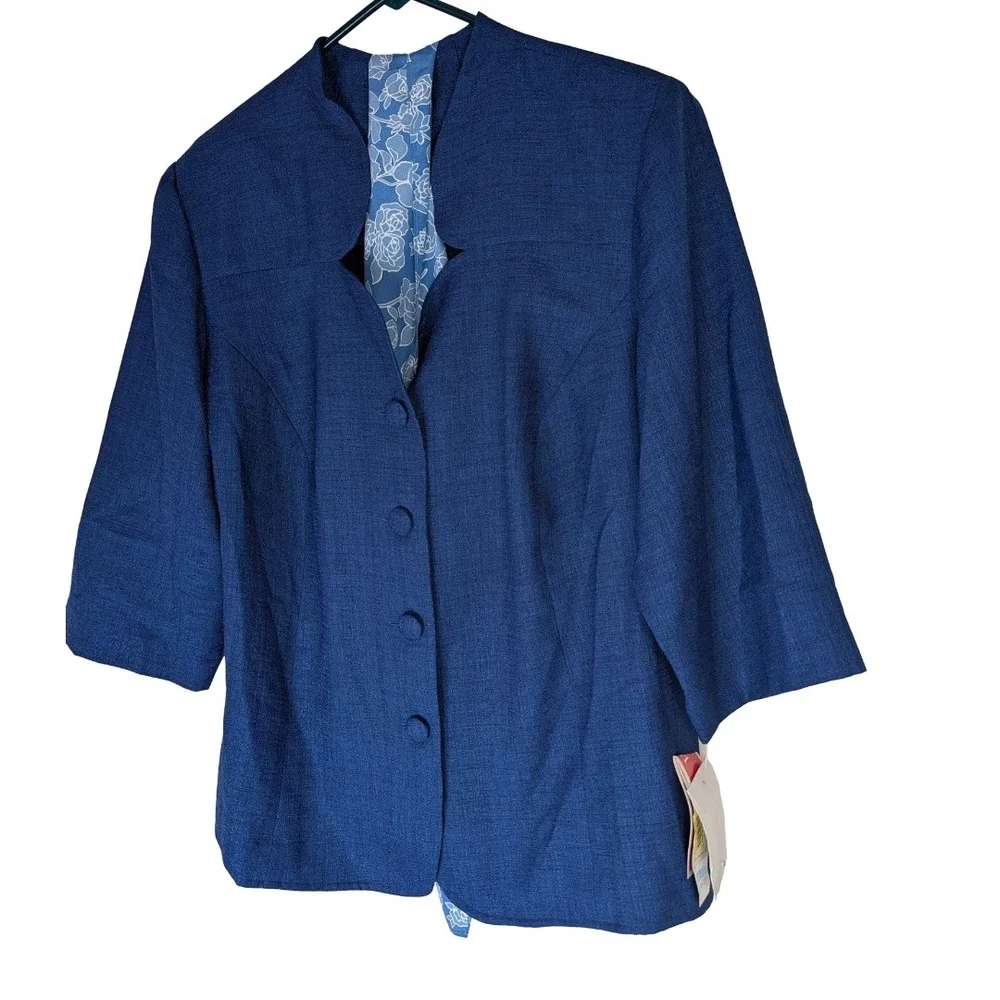 Leslie Fay Blazer Womens 20WP Blue 3/4 Sleeve Button Front Scarf Included NWT AC